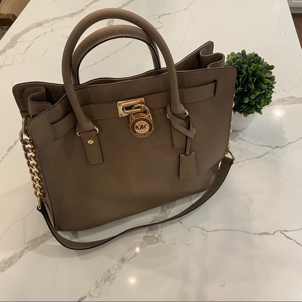 Michael Kors Hamilton Monogram Logo Taupe Leather Satchel